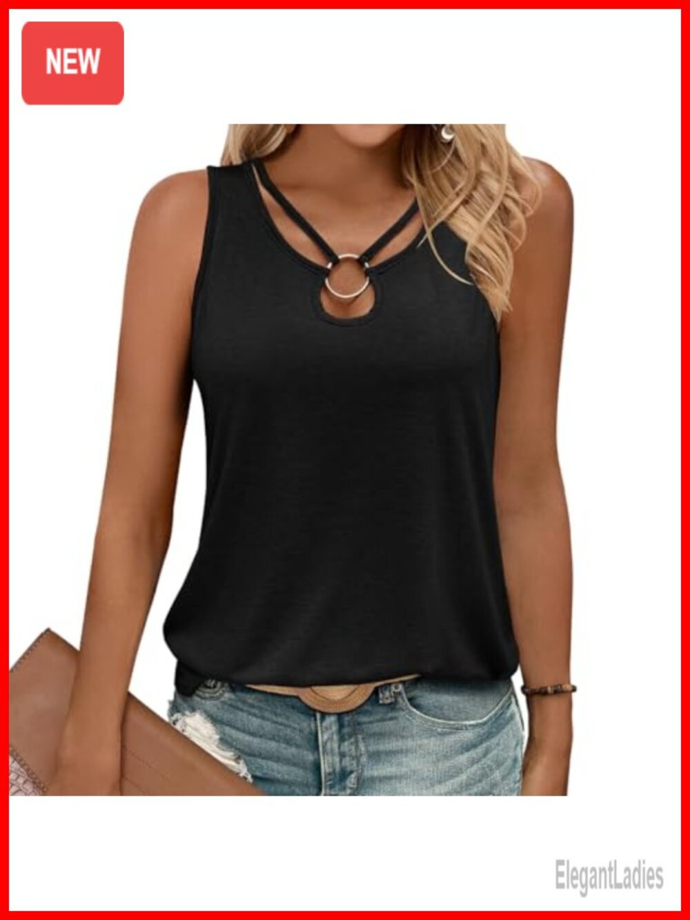 Sleeveless Tank Top Keyhole Neck Cut Out Ring Casual Summer Tee